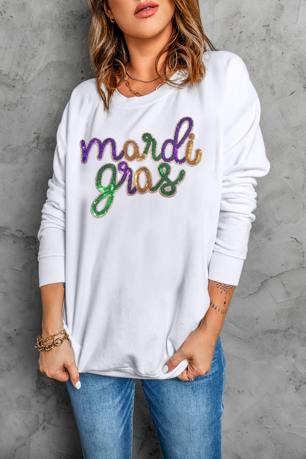 Sequined Mardi Gras Graphic Crew Neck Drop Shoulder Sweatshirt | White