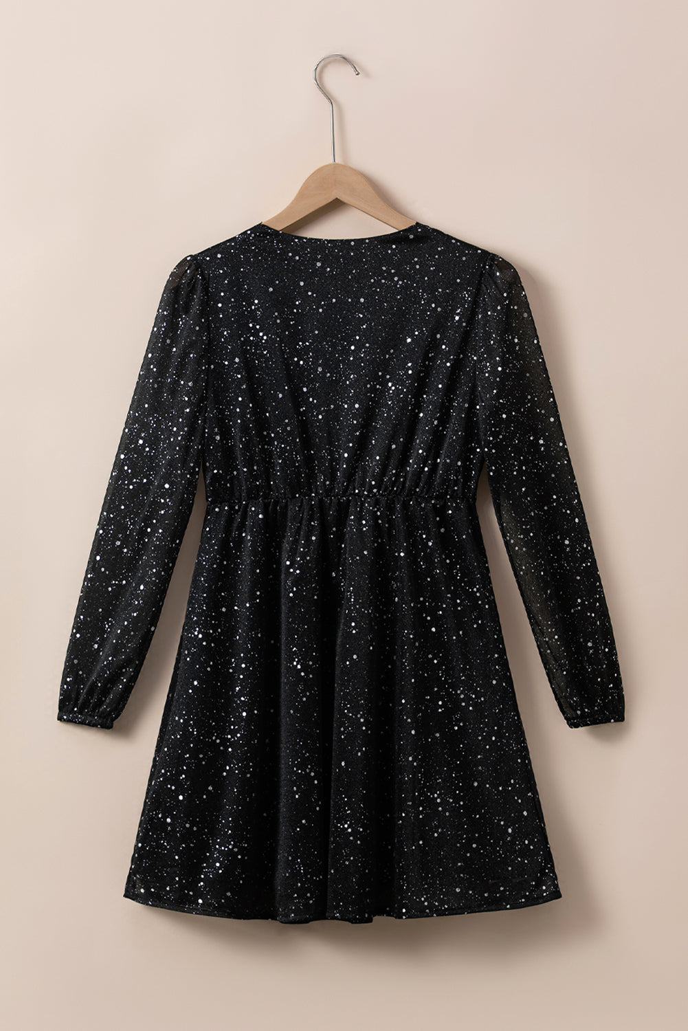 Glitter Mesh Overlay V Neck Long Sleeve Dress | Black