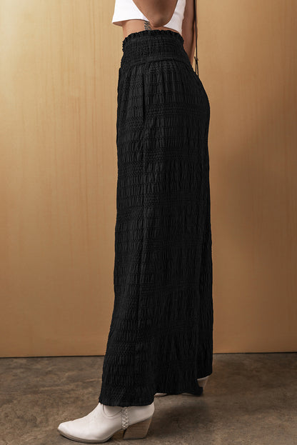 Textured Wide Smocked Waist Loose Pants | Black