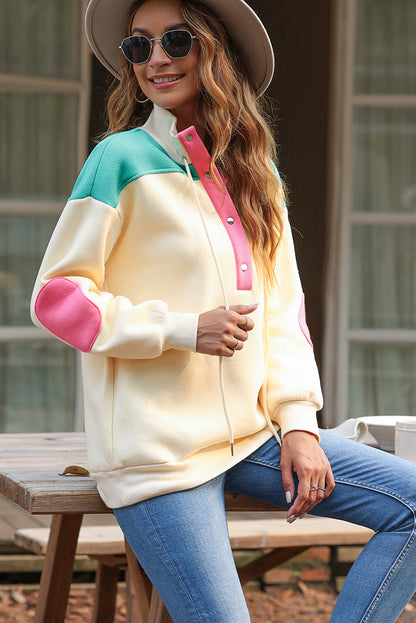 Colour Block Elbow Patch Half Button Sweatshirt | Apricot