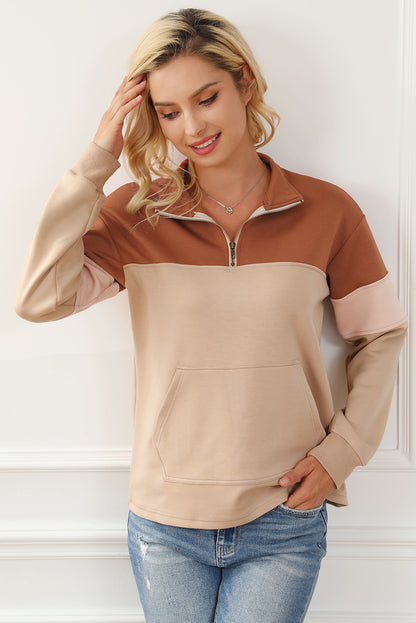 Colour Block Zip Mock Neck Pocketed Sweatshirt | Khaki