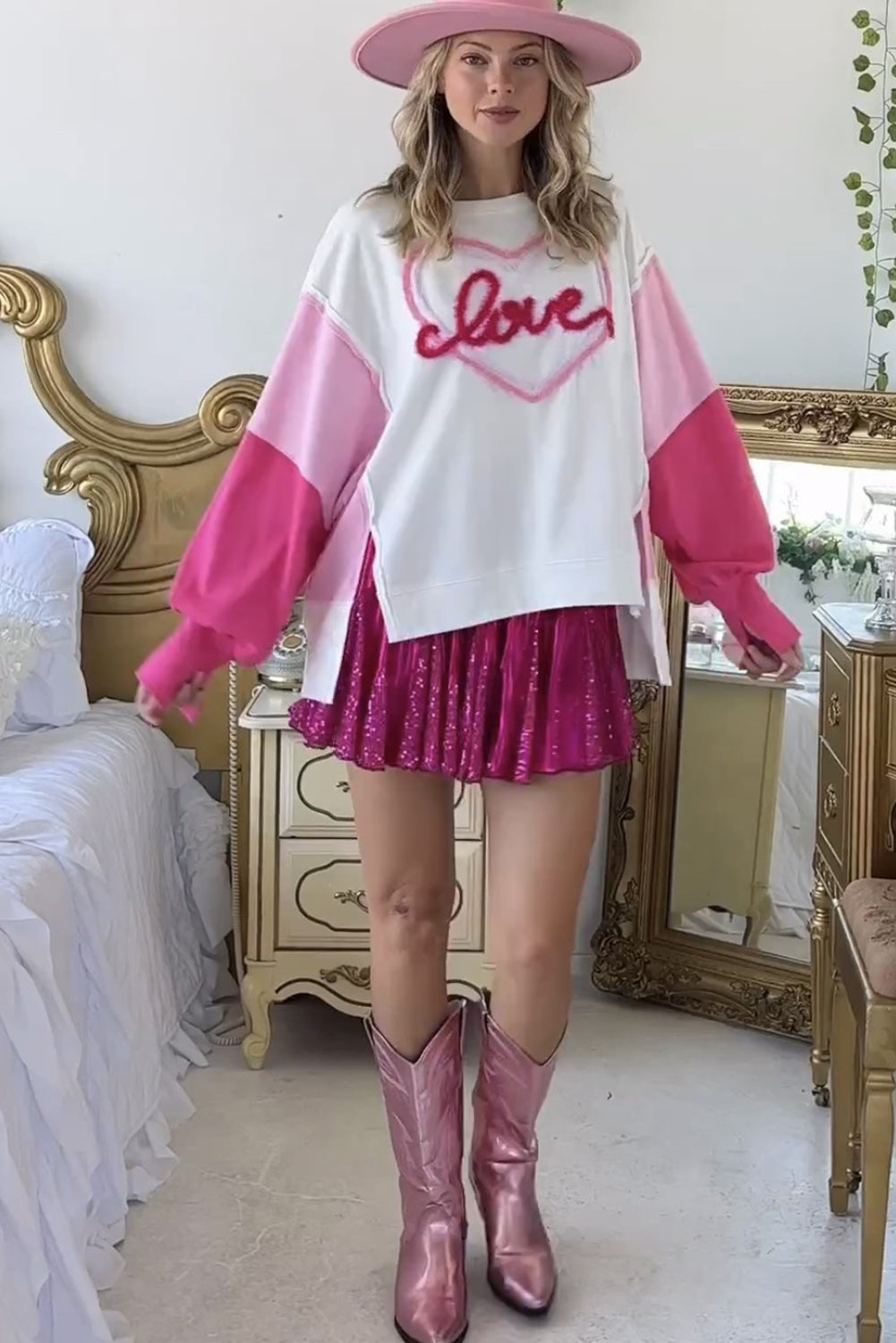 Tinsel Love Heart Graphic Colour Block Sleeve Sweatshirt | White