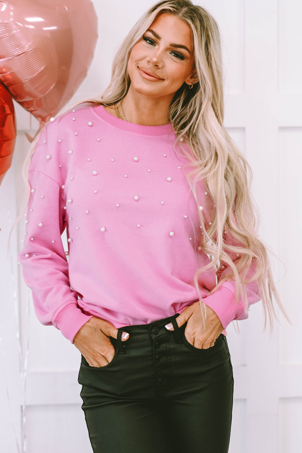 Pearl Detail Ribbed Crew Neck Sweatshirt | Bonbon