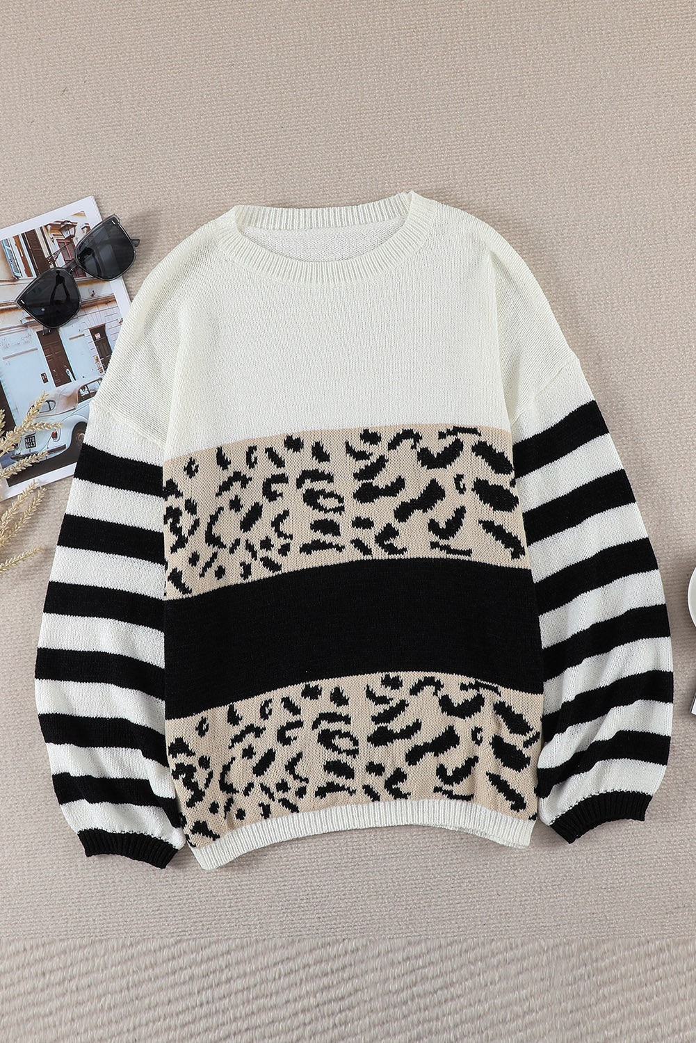 Slouchy Drop-Shoulder Leopard Striped Colourblock Sweater | White