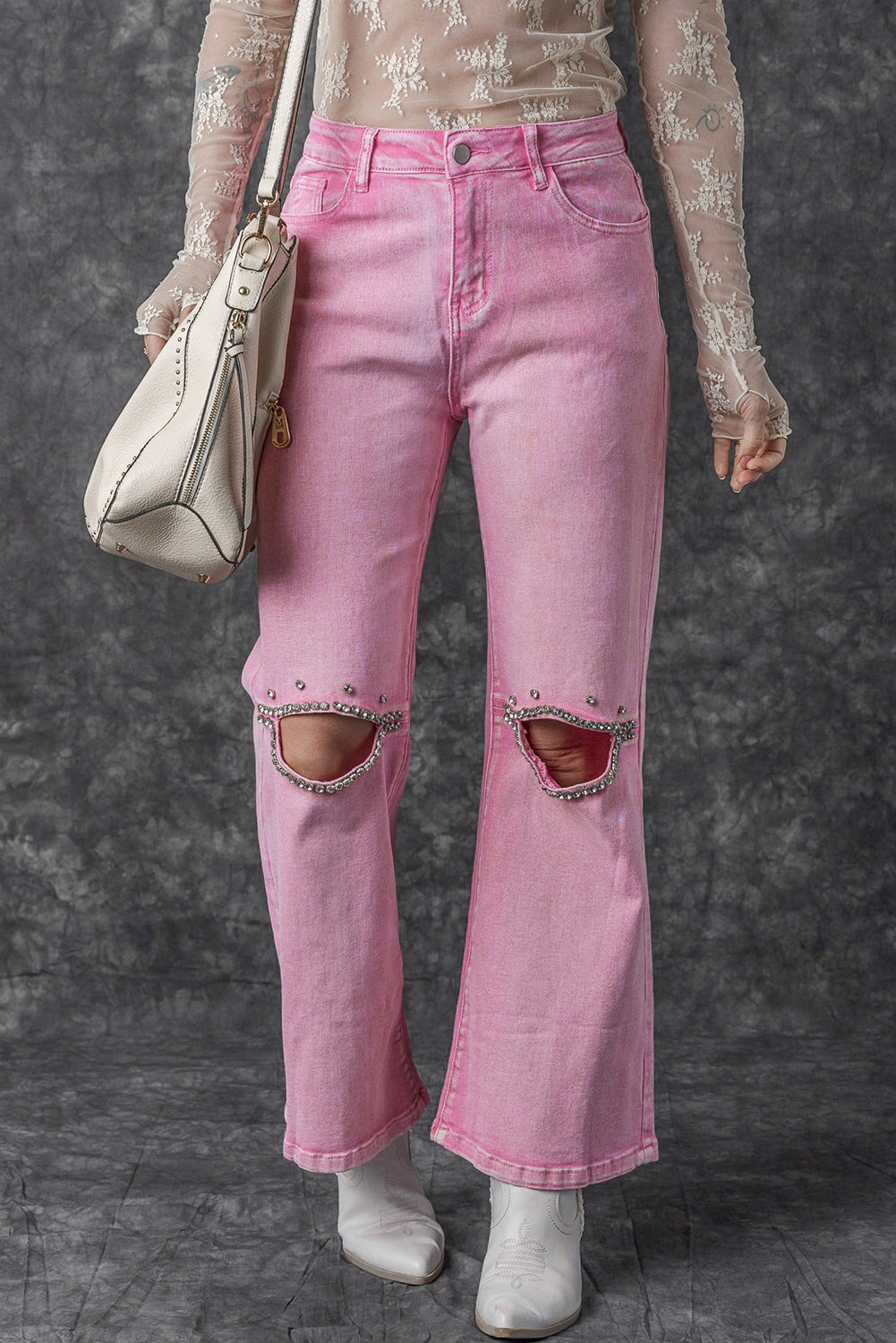 High Waist Rhinestone Cutout Wide Leg Jeans | Pink