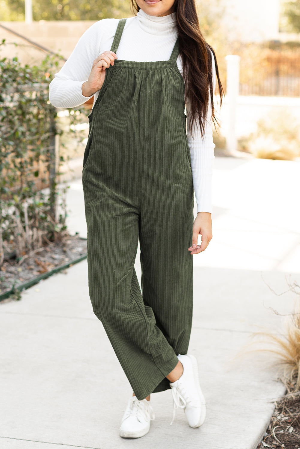 Solid Pocketed Loose Fit Corduroy Overall | Jungle Green