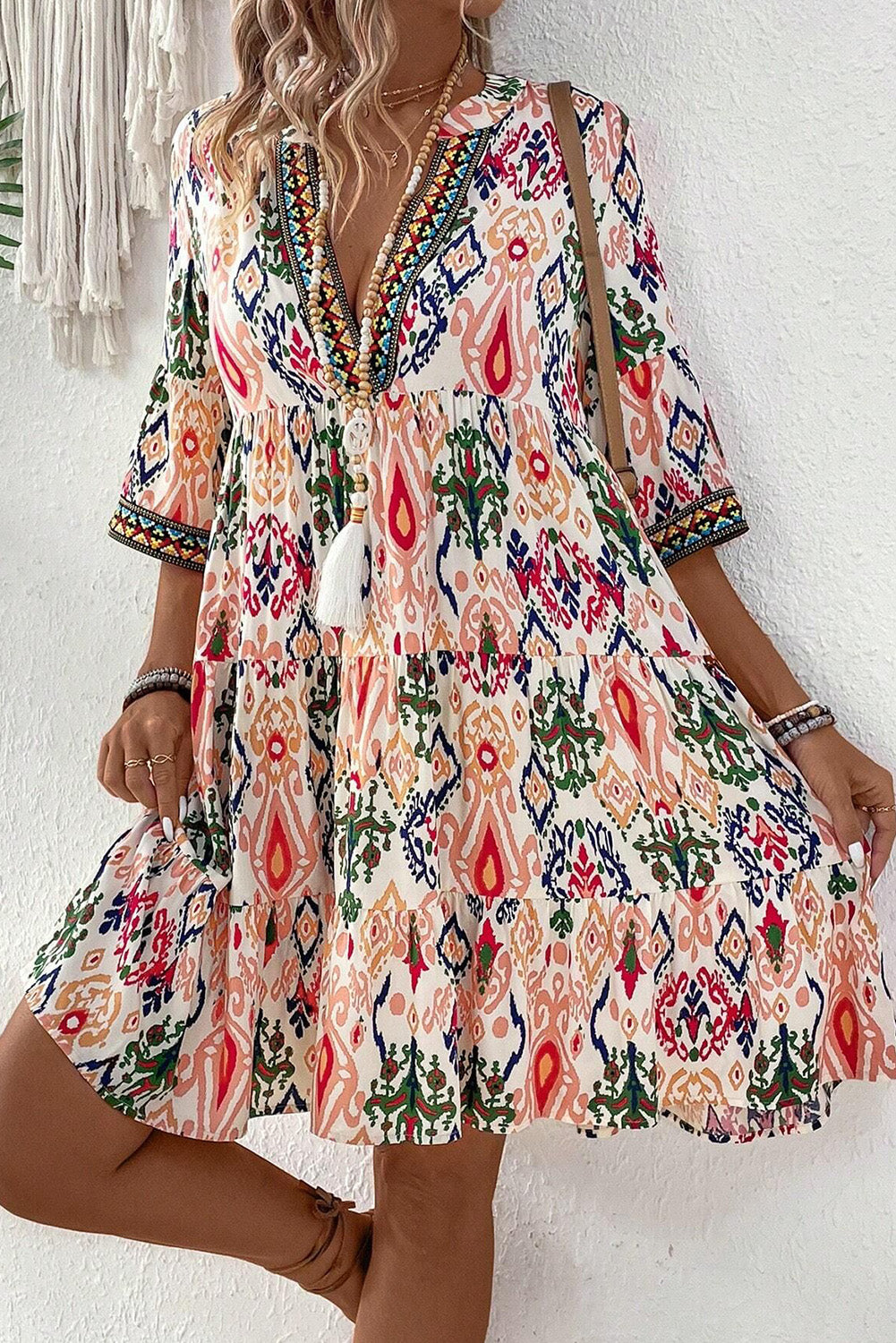 Boho Print V Neck Bracelet Sleeve Mini Dress | Multicolour