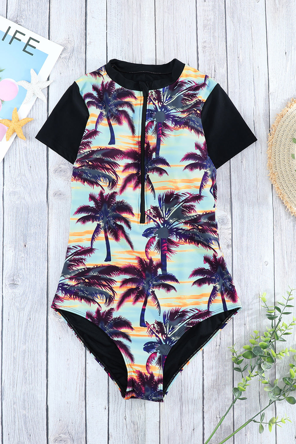 Beach Sunset Zip Front Half Sleeve One Piece Swimsuit | Black