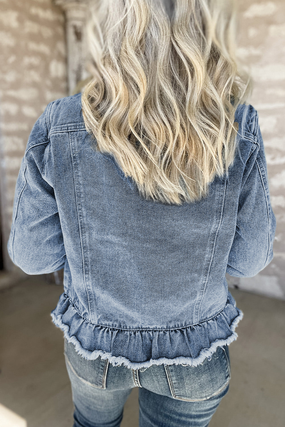 Ruffle Raw Hem Flap Pockets Denim Jacket | Beau Blue