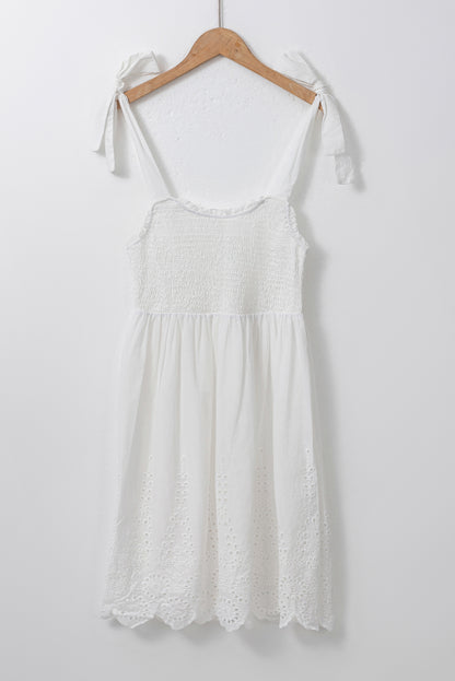 Adjustable Tie Straps Smocked Mini Dress | White