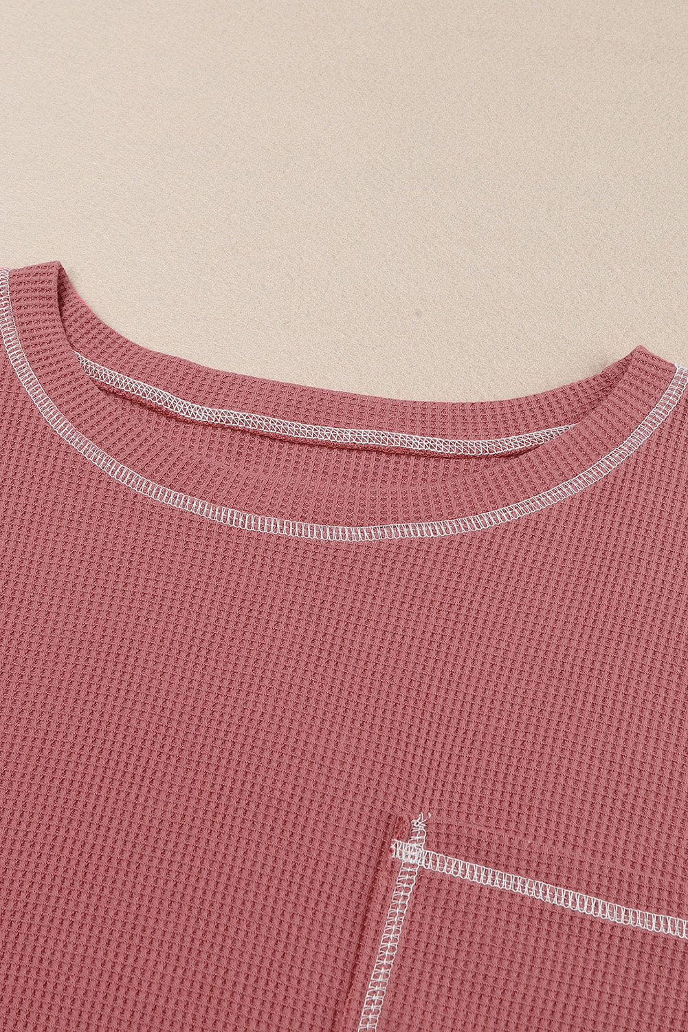 Contrast Stitching Trim Waffle Knit Pullover | Red