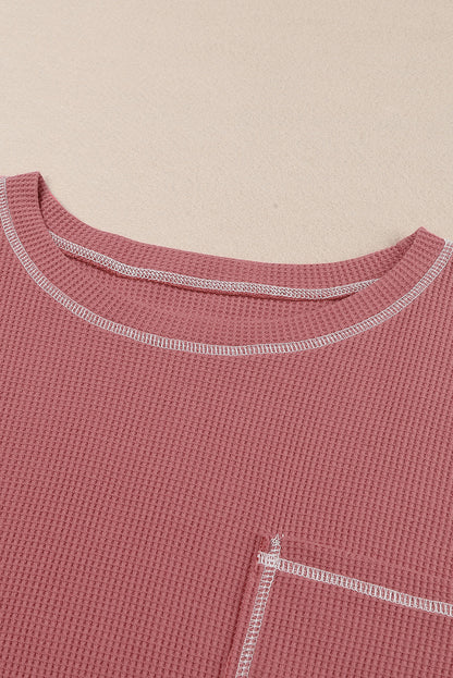 Contrast Stitching Trim Waffle Knit Pullover | Red