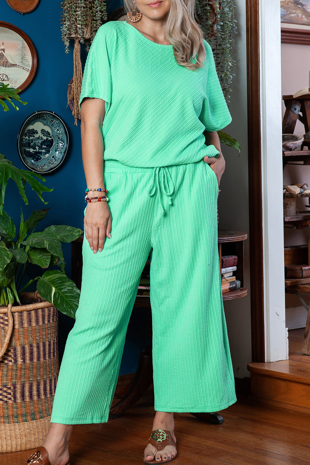 Textured Batwing Sleeve Tee Wide Leg Pants Plus Size Set | Mint Green