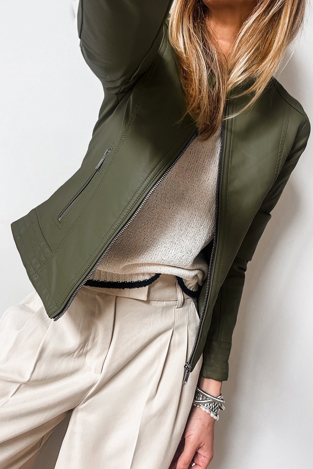 Solid Faux Leather Zipper Slim Fit Bomber Jacket | Sage Green