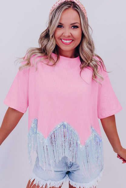 Fringed Sequin Crop T-Shirt | Pink