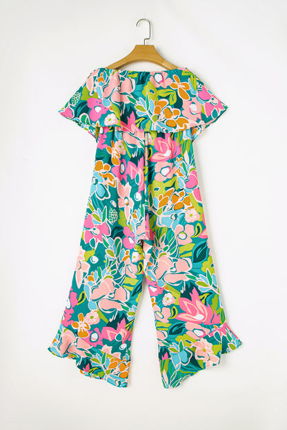 Mix Tropical Print Strapless Ruffled Jumpsuit | Green