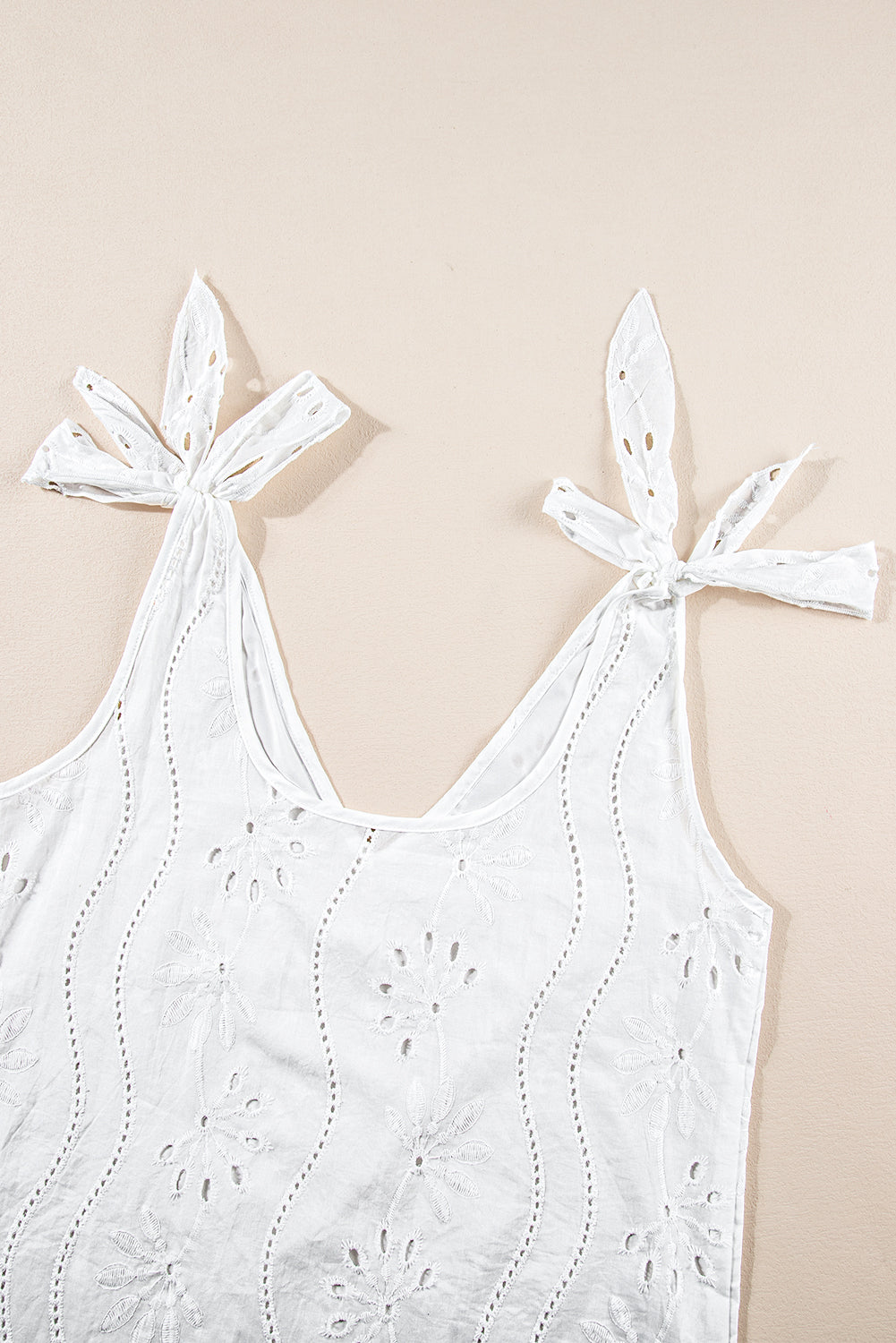 Embroidery Patterned Knotted Straps V Neck Tank Top | White