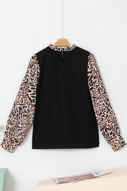 Contrast Leopard Print Lantern Sleeve Blouse | Black