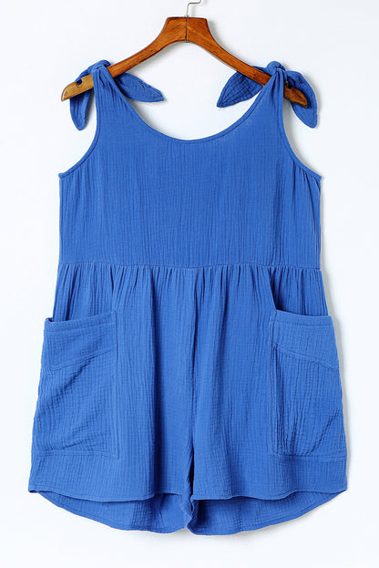 Textured Knotted Straps High Waist Wide Leg Romper | Blue