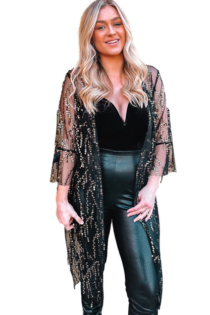 Sequin Sheer Long Sleeve Open Front Kimono | Black