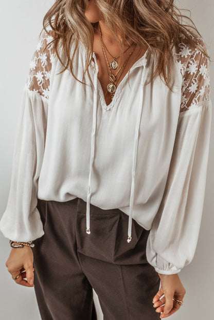 Floral Lace Patchwork Puff Sleeve Tied V Neck Blouse | White