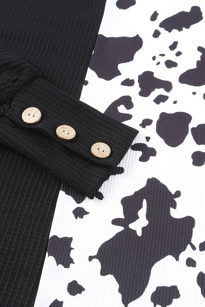 Cow Patchwork Waffle Knit Long Sleeve Top | Black