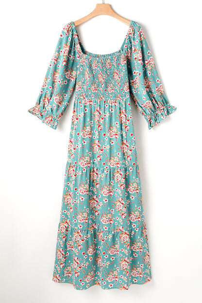 Plus Size Floral Print Square Neck Smocked Maxi Dress | Green