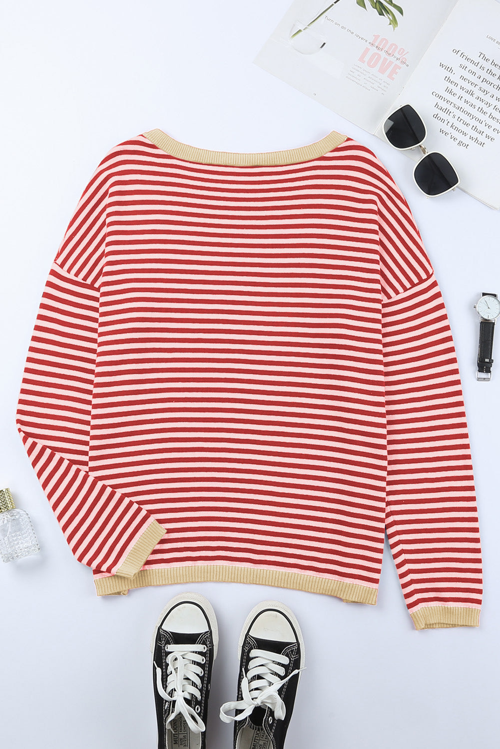 Contrast Trimmed Striped Drop Shoulder Sweater | Fiery Red