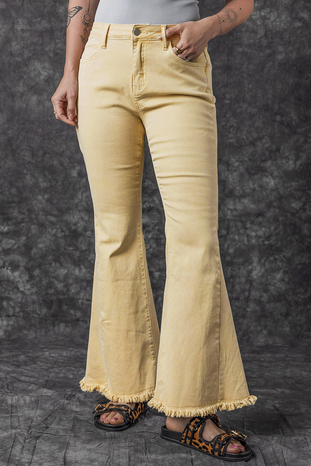 Raw Edge Mid Waist Flared Jeans | Khaki