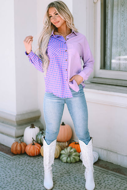 Mixed Plaid Button Down Long Sleeve Chest Pocket Shirt | Purple