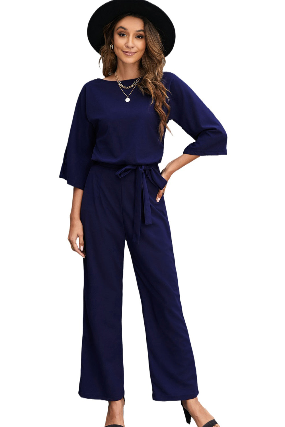 Bracelet Sleeve Waist Tie Wide Leg Jumpsuit | Blue