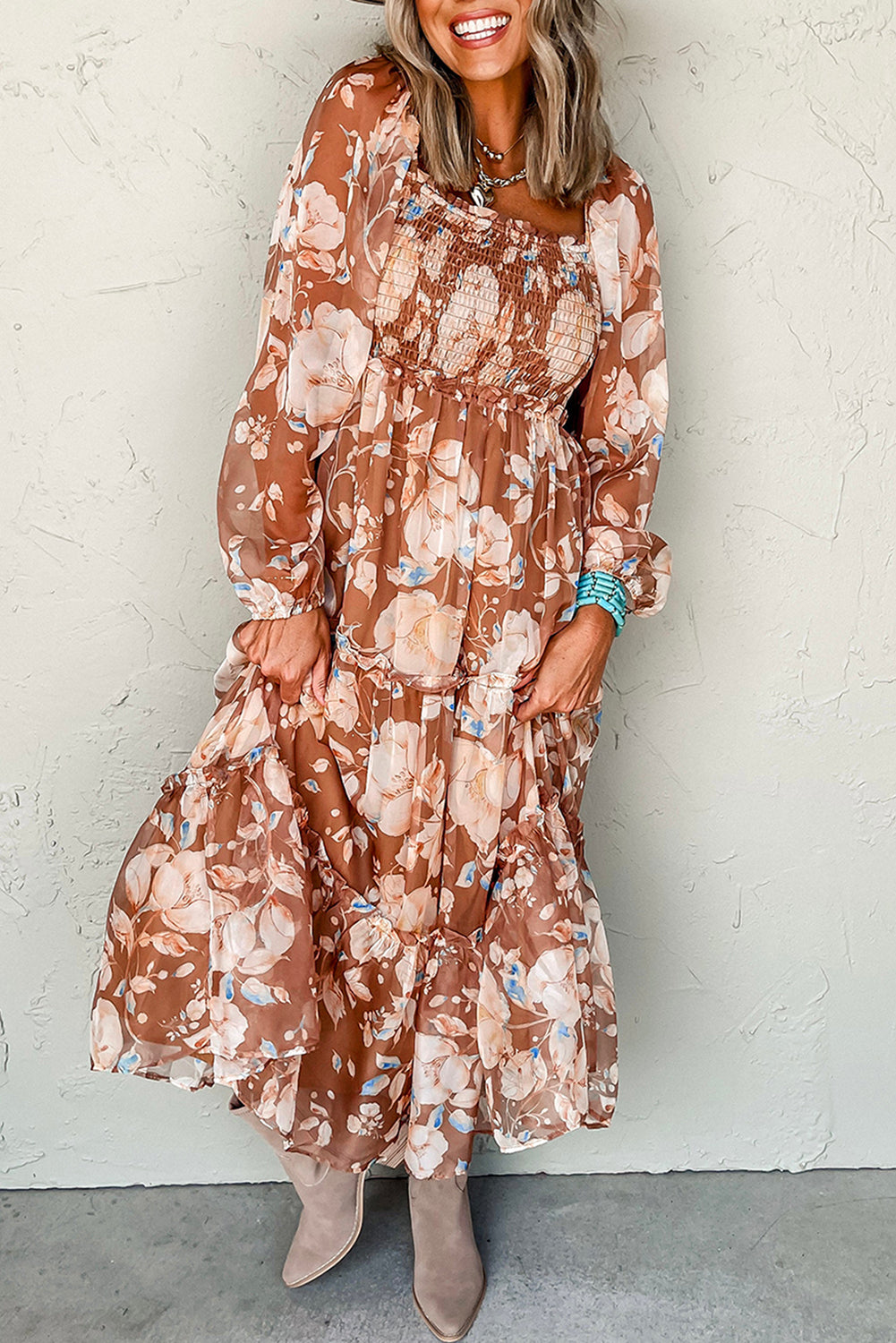 Floral Print Shirred Square Neck High Waist Maxi Dress | Brown