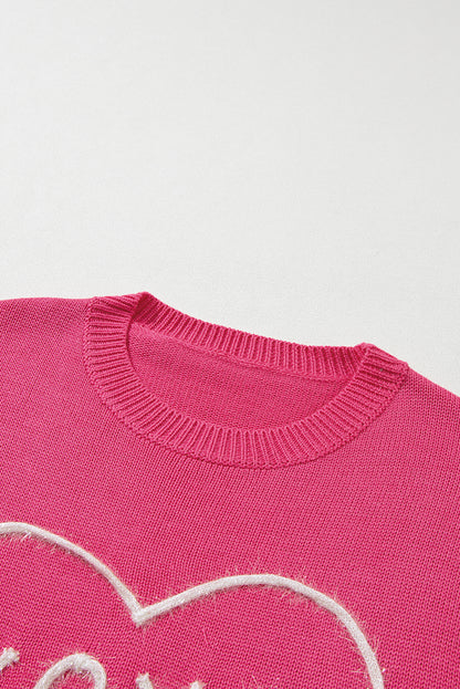 Heart Xoxo Pattern Drop Shoulder Rib Knit Sweater | Rose