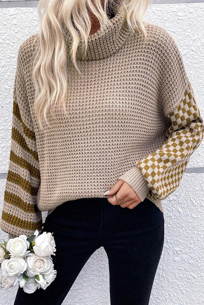 Striped Plaid Patchwork Waffle Knit Turtleneck Sweater | Smoke Gray