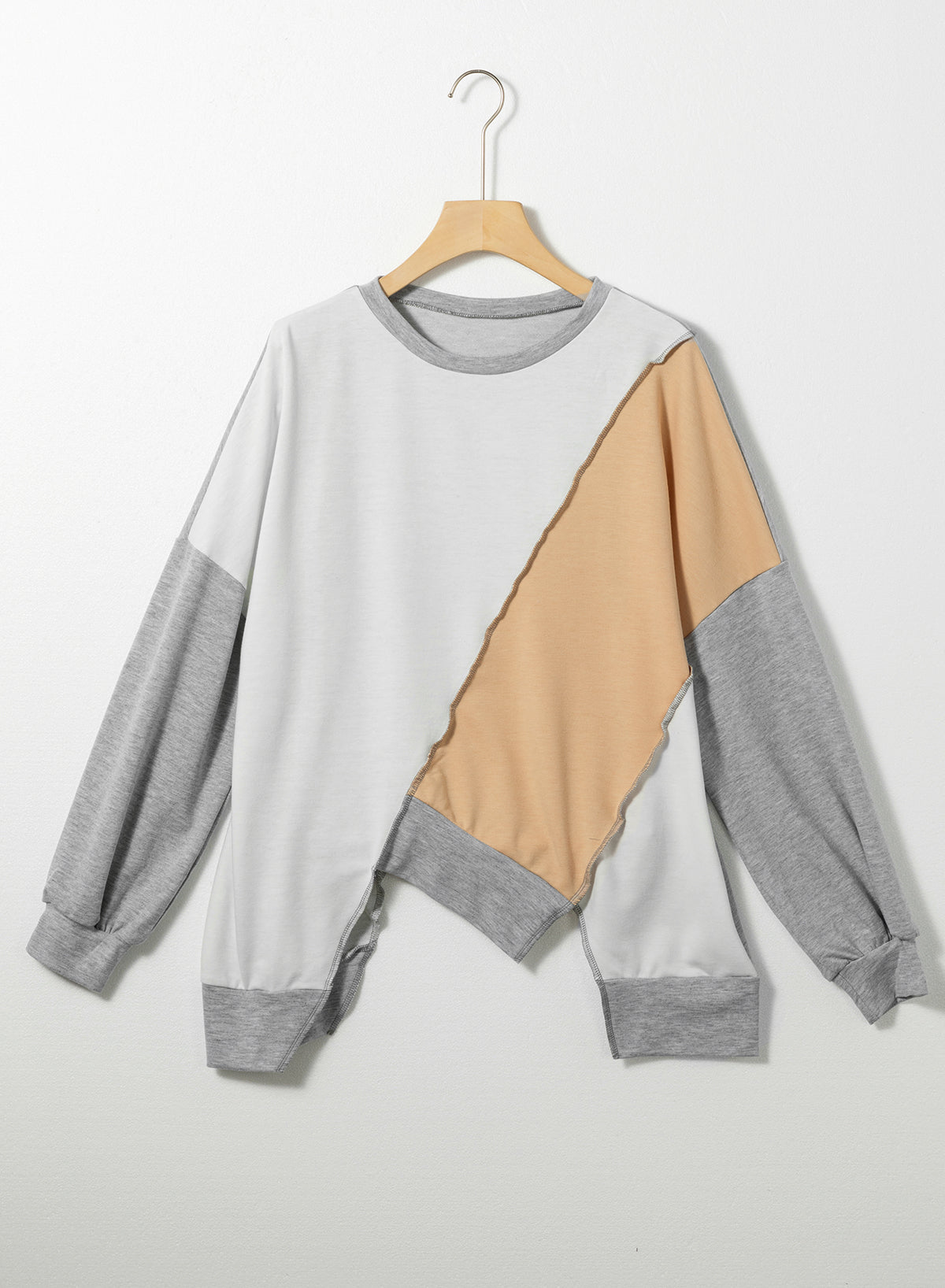 Light French Beige Colourblock Stitching Irregular Hem Long Sleeve Top | Flaxen