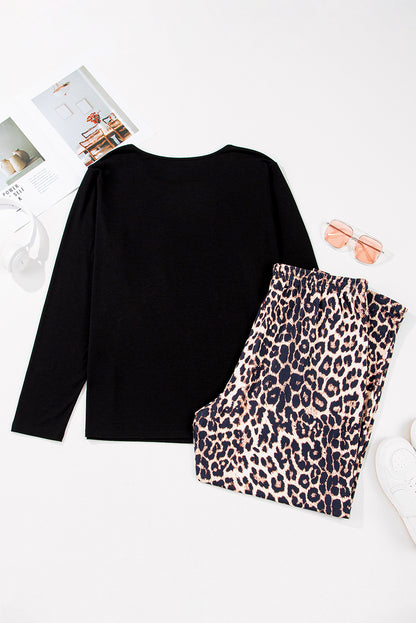 Leopard Patched Pocket Long Sleeve Top Plus Size Pants Set | Black