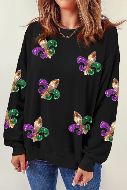 Sequin Mardi Gras Graphic Pullover Sweatshirt | Black