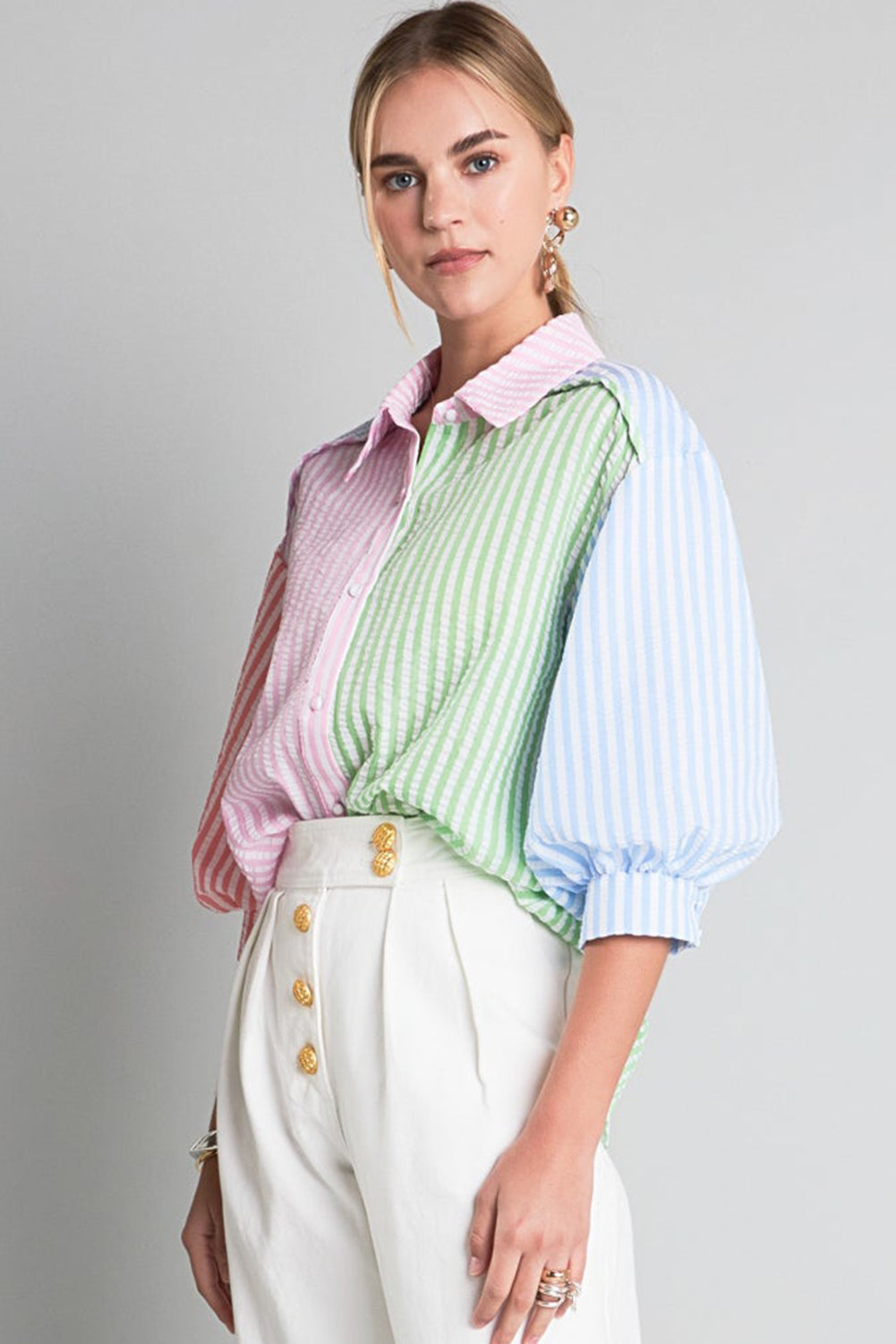 Colour Block Balloon Sleeve Buttoned Loose Fit Shirt | Pink Stripe