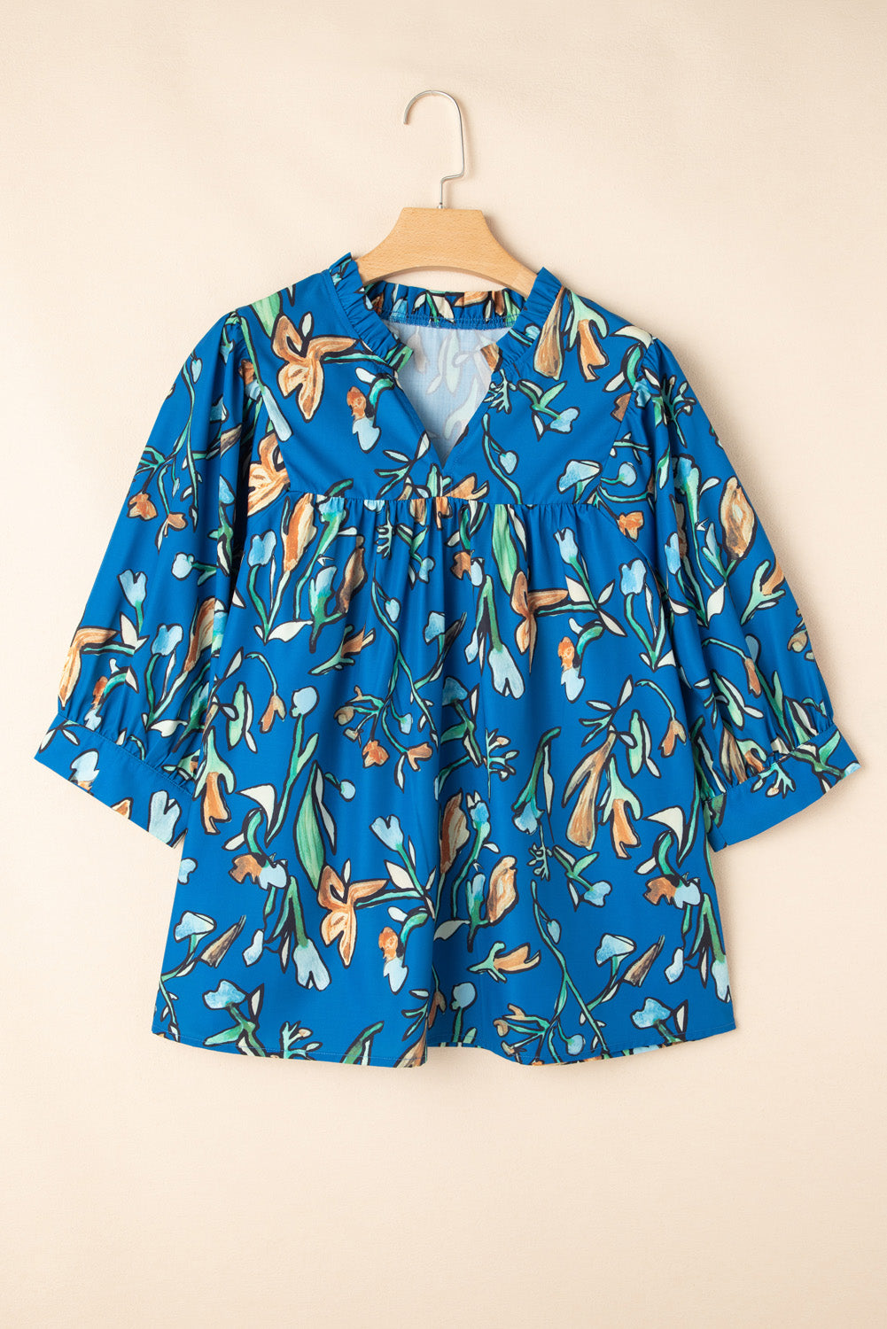 Floral Notched V Neck Half Sleeve Plus Size Blouse | Blue