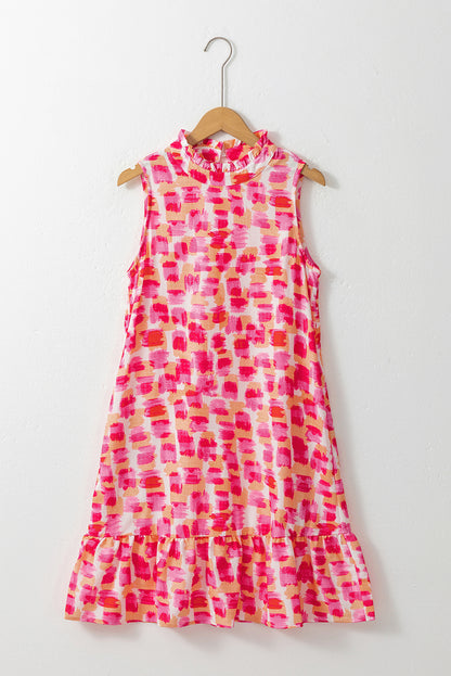 Abstract Print Frilly Neck Sleeveless Mini Dress | Pink