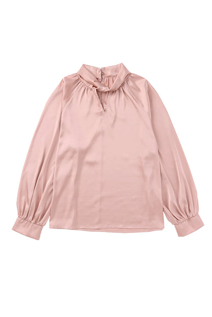 Twist High Neck Puff Sleeve Satin Blouse | Pink