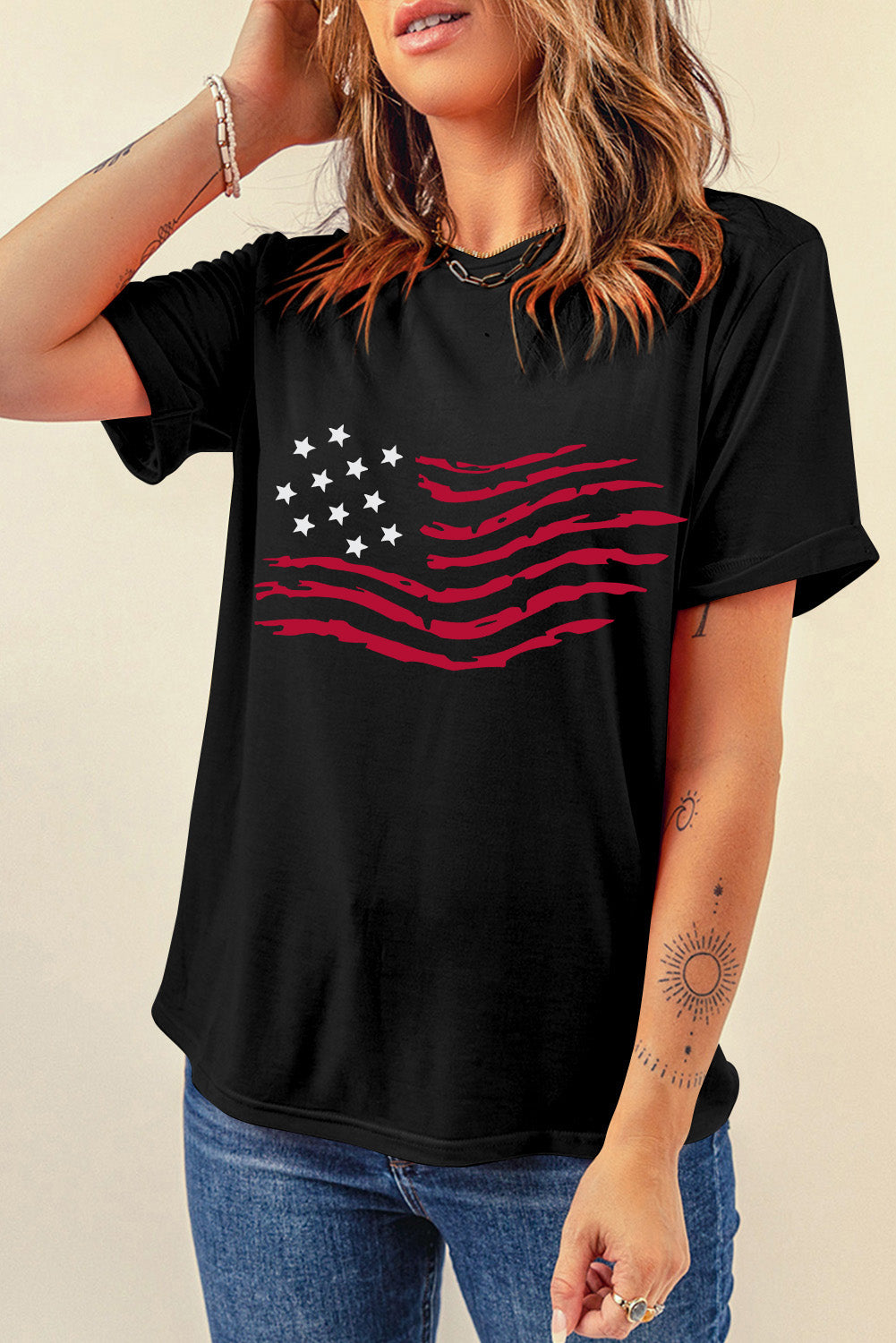 American Flag Graphic Crew Neck T Shirt | Black