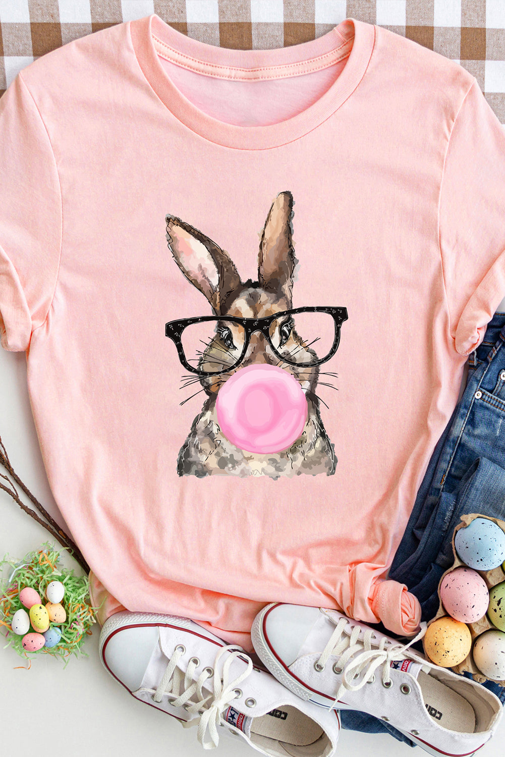 Pink Easter Rabbit Print Round Neck Casual Tee