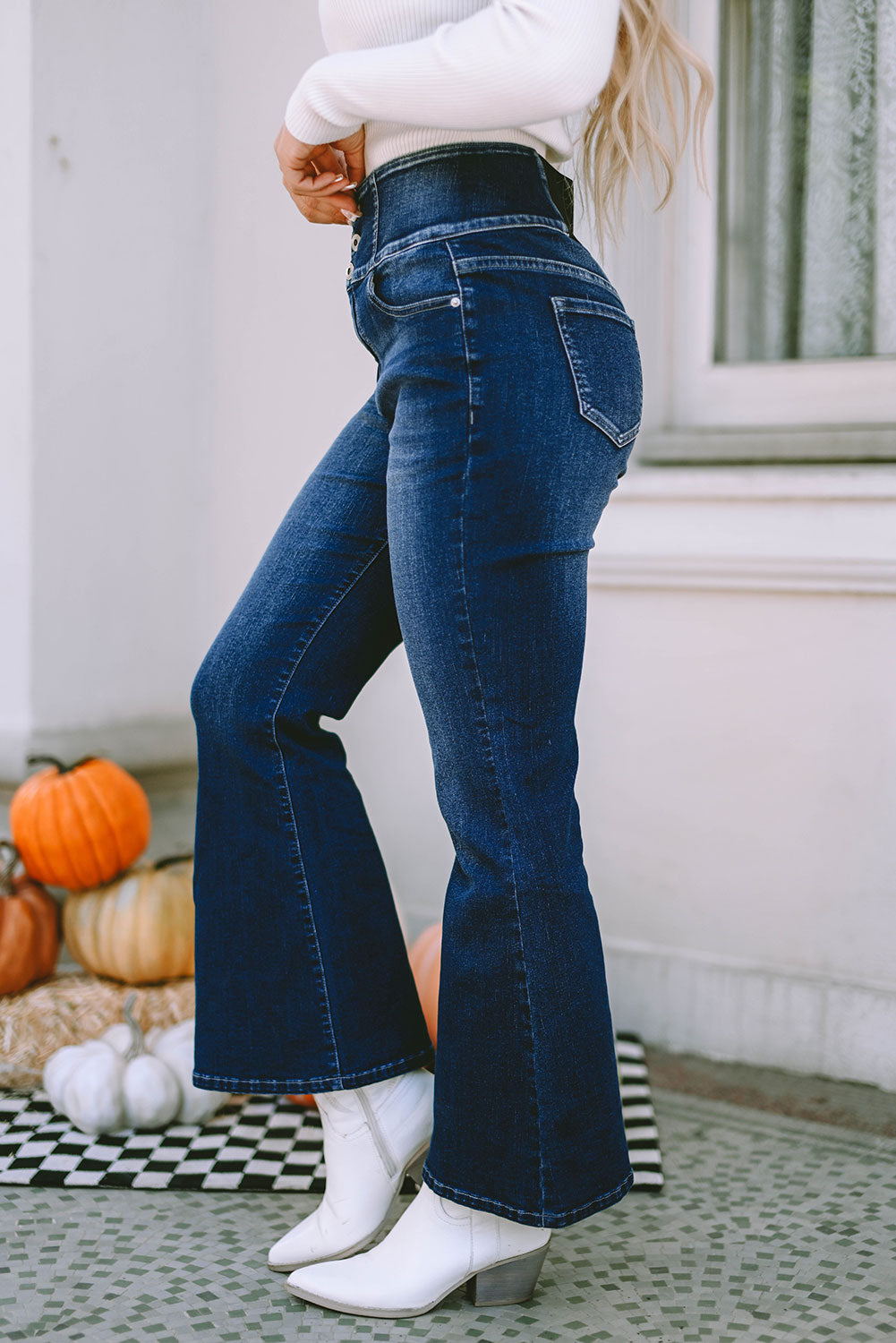 Buttons Elastic Wide Waistband Back Flare Jeans | Blue