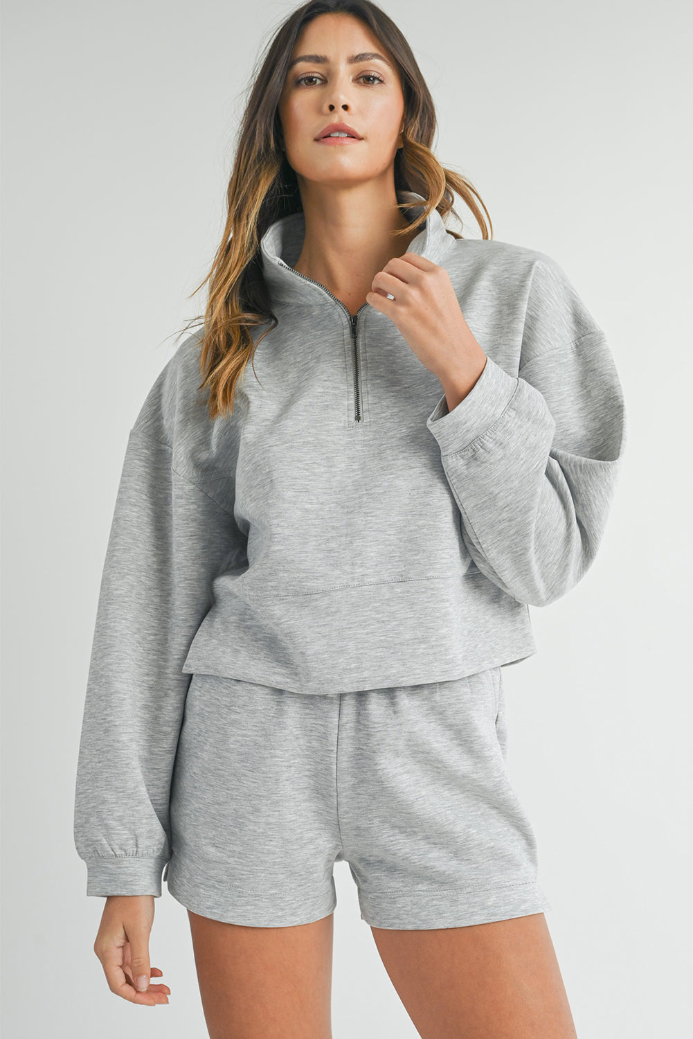 Stand Neck Zipped Sweatshirt And Shorts Set | Light Grey