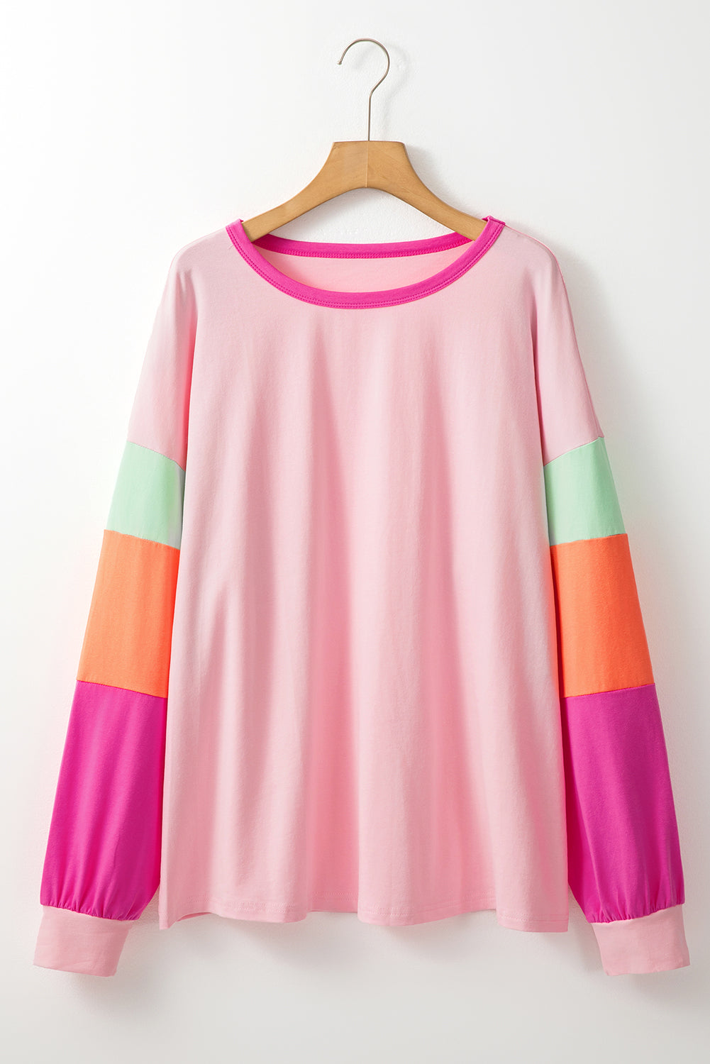 Colourblock Patchwork Long Sleeve Plus Size Top | Pink