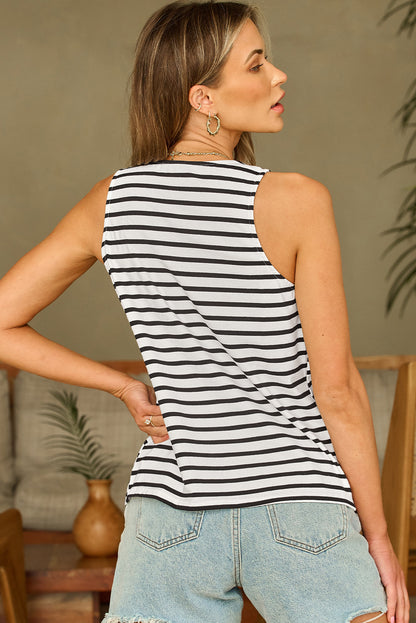 Striped Print Button Front U Neck Tank Top | White