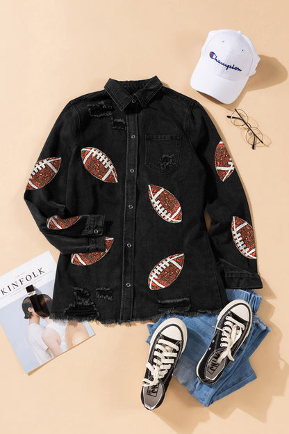 Sequined Rugby Footballgraphic Frayed Denim Shacket | Black