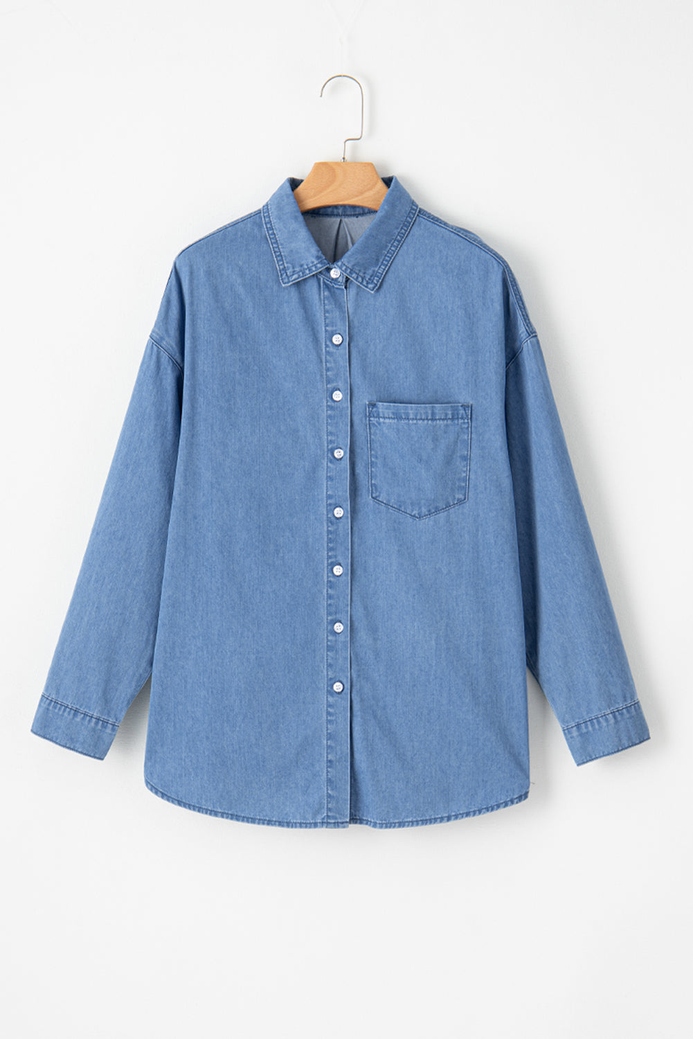 Solid Colour Oversized Patched Pocket Buttoned Shirt | Beau Blue