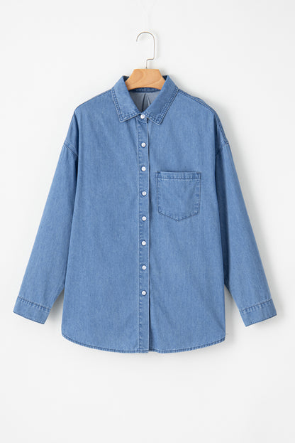 Solid Colour Oversized Patched Pocket Buttoned Shirt | Beau Blue